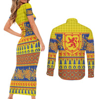 Scottish Christmas Couples Matching Short Sleeve Bodycon Dress and Long Sleeve Button Shirt Scotland Thistle and Celtic Knot Yellow-Red Color - Wonder Print Shop