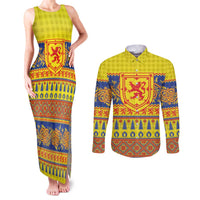 Scottish Christmas Couples Matching Tank Maxi Dress and Long Sleeve Button Shirt Scotland Thistle and Celtic Knot Yellow-Red Color - Wonder Print Shop