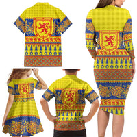 Scottish Christmas Family Matching Long Sleeve Bodycon Dress and Hawaiian Shirt Scotland Thistle and Celtic Knot Yellow-Red Color - Wonder Print Shop