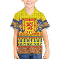 Scottish Christmas Family Matching Long Sleeve Bodycon Dress and Hawaiian Shirt Scotland Thistle and Celtic Knot Yellow-Red Color - Wonder Print Shop