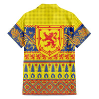 Scottish Christmas Family Matching Off The Shoulder Long Sleeve Dress and Hawaiian Shirt Scotland Thistle and Celtic Knot Yellow-Red Color - Wonder Print Shop