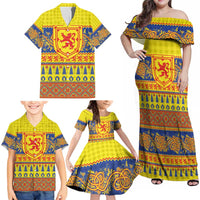 Scottish Christmas Family Matching Off Shoulder Maxi Dress and Hawaiian Shirt Scotland Thistle and Celtic Knot Yellow-Red Color - Wonder Print Shop