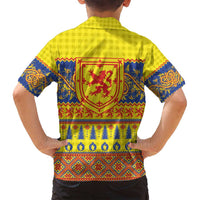 Scottish Christmas Family Matching Off Shoulder Short Dress and Hawaiian Shirt Scotland Thistle and Celtic Knot Yellow-Red Color - Wonder Print Shop