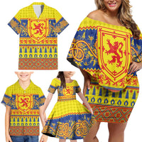Scottish Christmas Family Matching Off Shoulder Short Dress and Hawaiian Shirt Scotland Thistle and Celtic Knot Yellow-Red Color - Wonder Print Shop
