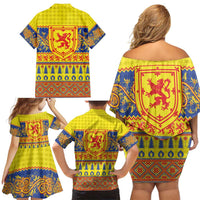 Scottish Christmas Family Matching Off Shoulder Short Dress and Hawaiian Shirt Scotland Thistle and Celtic Knot Yellow-Red Color - Wonder Print Shop