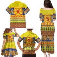 Scottish Christmas Family Matching Puletasi and Hawaiian Shirt Scotland Thistle and Celtic Knot Yellow-Red Color - Wonder Print Shop