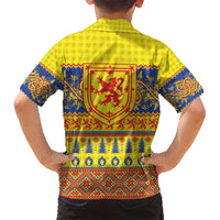 Scottish Christmas Family Matching Short Sleeve Bodycon Dress and Hawaiian Shirt Scotland Thistle and Celtic Knot Yellow-Red Color - Wonder Print Shop