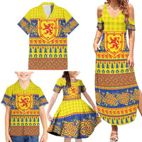 Scottish Christmas Family Matching Summer Maxi Dress and Hawaiian Shirt Scotland Thistle and Celtic Knot Yellow-Red Color - Wonder Print Shop