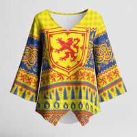 Scottish Christmas Kimono Sleeve Blouse Scotland Thistle and Celtic Knot Yellow-Red Color - Wonder Print Shop