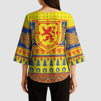 Scottish Christmas Kimono Sleeve Blouse Scotland Thistle and Celtic Knot Yellow-Red Color - Wonder Print Shop