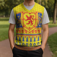 Scottish Christmas Knitted V-Neck Vest Scotland Thistle and Celtic Knot Yellow-Red Color - Wonder Print Shop