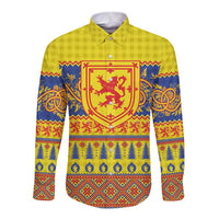 Scottish Christmas Long Sleeve Button Shirt Scotland Thistle and Celtic Knot Yellow-Red Color - Wonder Print Shop