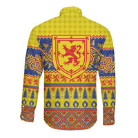 Scottish Christmas Long Sleeve Button Shirt Scotland Thistle and Celtic Knot Yellow-Red Color - Wonder Print Shop