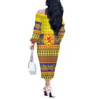 Scottish Christmas Off The Shoulder Long Sleeve Dress Scotland Thistle and Celtic Knot Yellow-Red Color - Wonder Print Shop