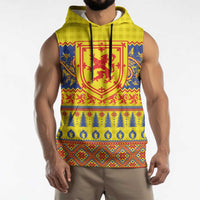 Scottish Christmas Sleeveless Hoodie Scotland Thistle and Celtic Knot Yellow-Red Color - Wonder Print Shop