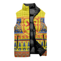 Scottish Christmas Sleeveless Puffer Jacket Scotland Thistle and Celtic Knot Yellow-Red Color - Wonder Print Shop