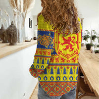 Scottish Christmas Women Casual Shirt Scotland Thistle and Celtic Knot Yellow-Red Color - Wonder Print Shop