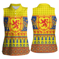 Scottish Christmas Women Sleeveless Polo Shirt Scotland Thistle and Celtic Knot Yellow-Red Color - Wonder Print Shop
