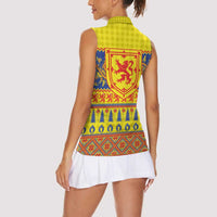 Scottish Christmas Women Sleeveless Polo Shirt Scotland Thistle and Celtic Knot Yellow-Red Color - Wonder Print Shop