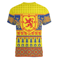 Scottish Christmas Women V-Neck T-Shirt Scotland Thistle and Celtic Knot Yellow-Red Color - Wonder Print Shop