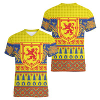 Scottish Christmas Women V-Neck T-Shirt Scotland Thistle and Celtic Knot Yellow-Red Color - Wonder Print Shop