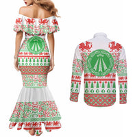 Welsh Christmas Couples Matching Mermaid Dress and Long Sleeve Button Shirt Awen and Celtics Culture with Xmas Elements - Wonder Print Shop
