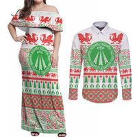Welsh Christmas Couples Matching Off Shoulder Maxi Dress and Long Sleeve Button Shirt Awen and Celtics Culture with Xmas Elements - Wonder Print Shop