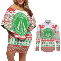 Welsh Christmas Couples Matching Off Shoulder Short Dress and Long Sleeve Button Shirt Awen and Celtics Culture with Xmas Elements - Wonder Print Shop
