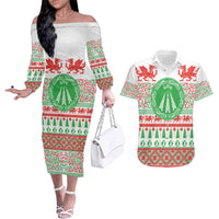 Welsh Christmas Couples Matching Off The Shoulder Long Sleeve Dress and Hawaiian Shirt Awen and Celtics Culture with Xmas Elements - Wonder Print Shop