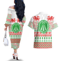 Welsh Christmas Couples Matching Off The Shoulder Long Sleeve Dress and Hawaiian Shirt Awen and Celtics Culture with Xmas Elements - Wonder Print Shop