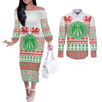Welsh Christmas Couples Matching Off The Shoulder Long Sleeve Dress and Long Sleeve Button Shirt Awen and Celtics Culture with Xmas Elements - Wonder Print Shop