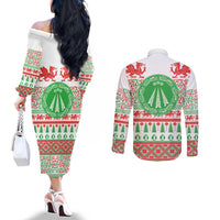 Welsh Christmas Couples Matching Off The Shoulder Long Sleeve Dress and Long Sleeve Button Shirt Awen and Celtics Culture with Xmas Elements - Wonder Print Shop
