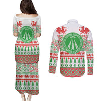Welsh Christmas Couples Matching Puletasi and Long Sleeve Button Shirt Awen and Celtics Culture with Xmas Elements - Wonder Print Shop