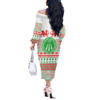 Welsh Christmas Off The Shoulder Long Sleeve Dress Awen and Celtics Culture with Xmas Elements - Wonder Print Shop