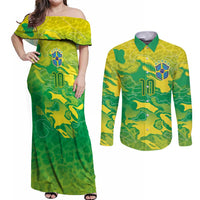 Custom Brazil National Football Couples Matching Off Shoulder Maxi Dress and Long Sleeve Button Shirt South American Wild Nature Sporty Style - Wonder Print Shop