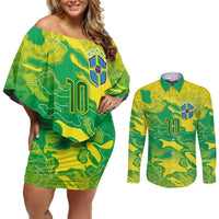 Custom Brazil National Football Couples Matching Off Shoulder Short Dress and Long Sleeve Button Shirt South American Wild Nature Sporty Style - Wonder Print Shop