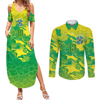Custom Brazil National Football Couples Matching Summer Maxi Dress and Long Sleeve Button Shirt South American Wild Nature Sporty Style - Wonder Print Shop