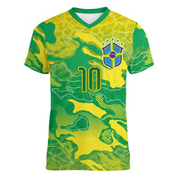 Custom Brazil National Football Women V-Neck T-Shirt South American Wild Nature Sporty Style - Wonder Print Shop