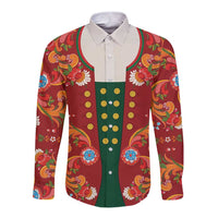 Norwegian Male Bunad Long Sleeve Button Shirt with Rosemaling Folk Art Red Color - Wonder Print Shop