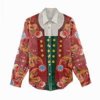 Norwegian Male Bunad Women Casual Shirt with Rosemaling Folk Art Red Color - Wonder Print Shop