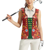 Norwegian Male Bunad Women Sleeveless Polo Shirt with Rosemaling Folk Art Red Color - Wonder Print Shop