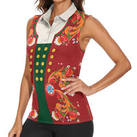 Norwegian Male Bunad Women Sleeveless Polo Shirt with Rosemaling Folk Art Red Color - Wonder Print Shop