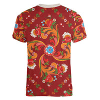 Norwegian Male Bunad Women V-Neck T-Shirt with Rosemaling Folk Art Red Color - Wonder Print Shop