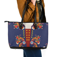 Norwegian Male Bunad Leather Tote Bag with Rosemaling Folk Art Navy Color - Wonder Print Shop