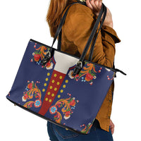 Norwegian Male Bunad Leather Tote Bag with Rosemaling Folk Art Navy Color - Wonder Print Shop