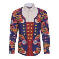 Norwegian Male Bunad Long Sleeve Button Shirt with Rosemaling Folk Art Navy Color - Wonder Print Shop