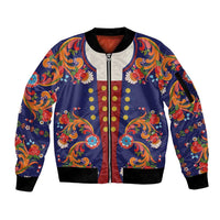 Norwegian Male Bunad Sleeve Zip Bomber Jacket with Rosemaling Folk Art Navy Color - Wonder Print Shop