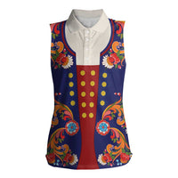 Norwegian Male Bunad Women Sleeveless Polo Shirt with Rosemaling Folk Art Navy Color - Wonder Print Shop