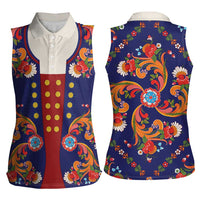 Norwegian Male Bunad Women Sleeveless Polo Shirt with Rosemaling Folk Art Navy Color - Wonder Print Shop