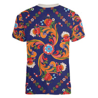 Norwegian Male Bunad Women V-Neck T-Shirt with Rosemaling Folk Art Navy Color - Wonder Print Shop